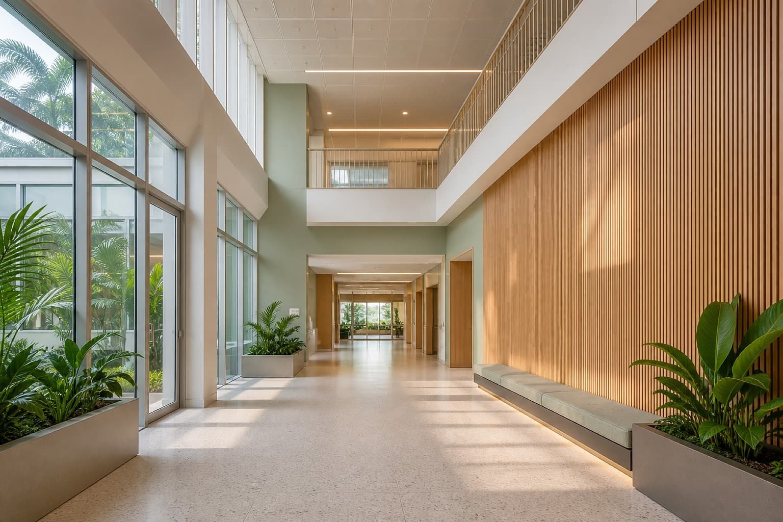 A bright double-height healthcare atrium with a timber slat wall, sage panels and planting