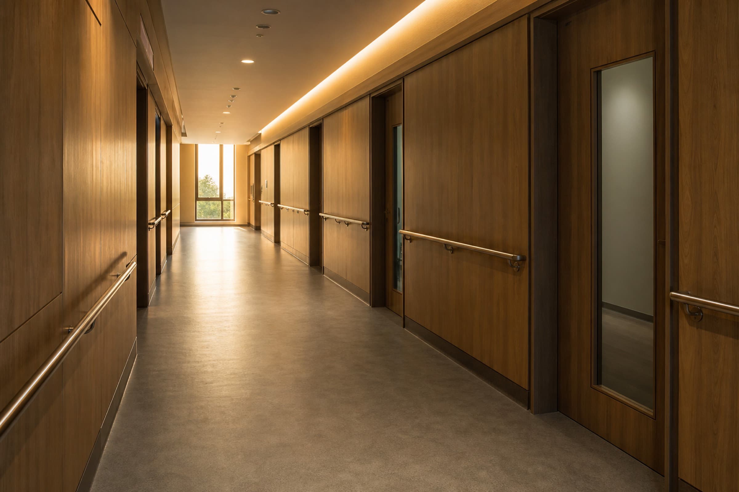 A finished hospital ward corridor in warm afternoon light