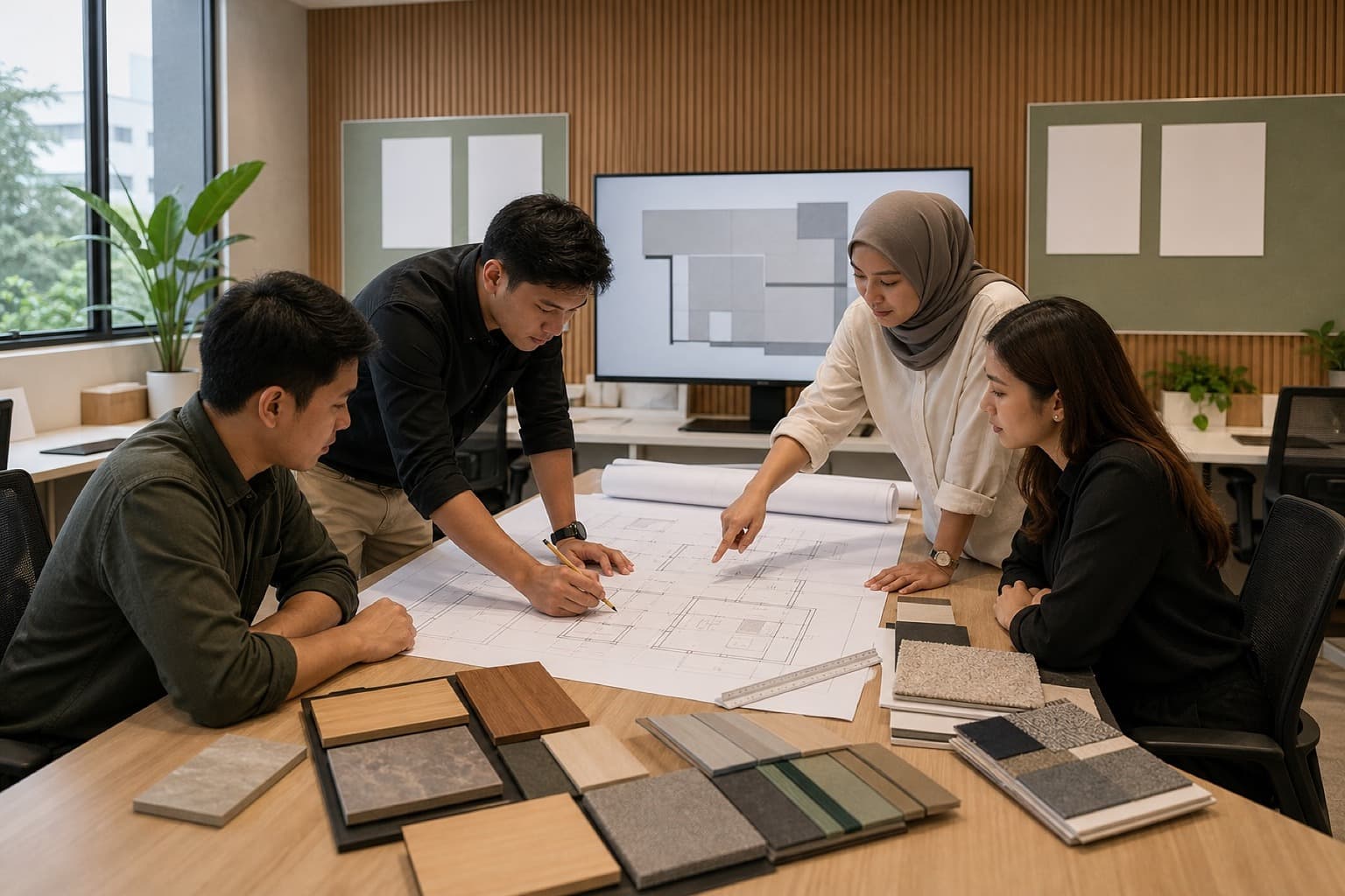 Four of the team around a studio table, marking up interior drawings beside timber and fabric sample boards