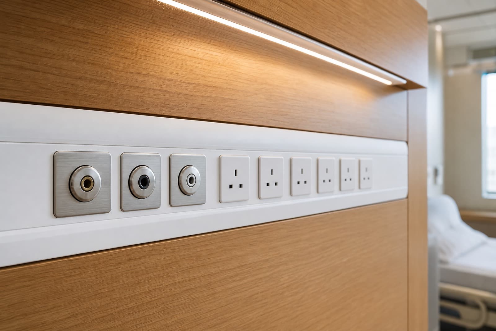 Medical services rail set into a ward headwall, outlets aligned to tolerance