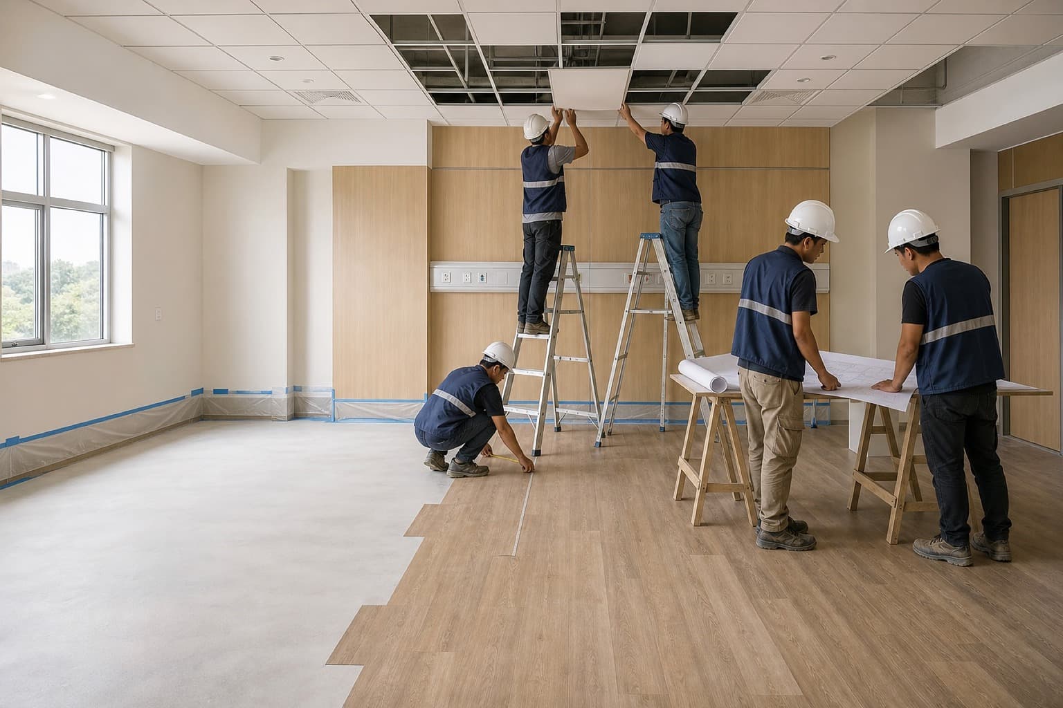 A crew fitting out a hospital room, setting ceiling tiles and laying floor