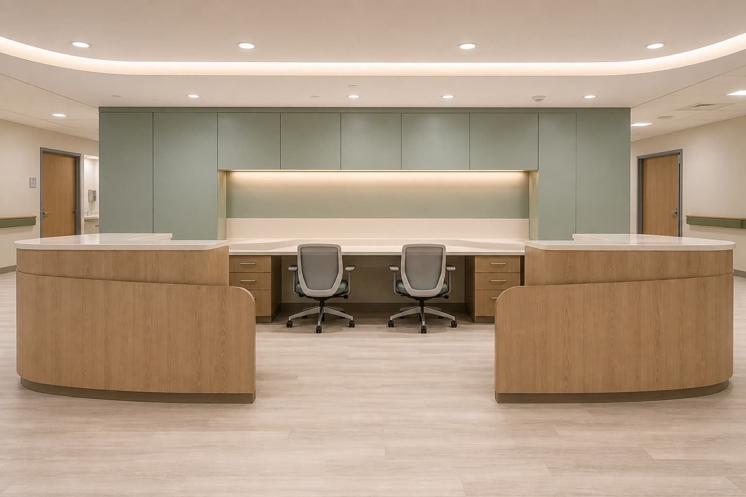 A built-in nurse station in timber veneer with a solid-surface worktop and backlit niche